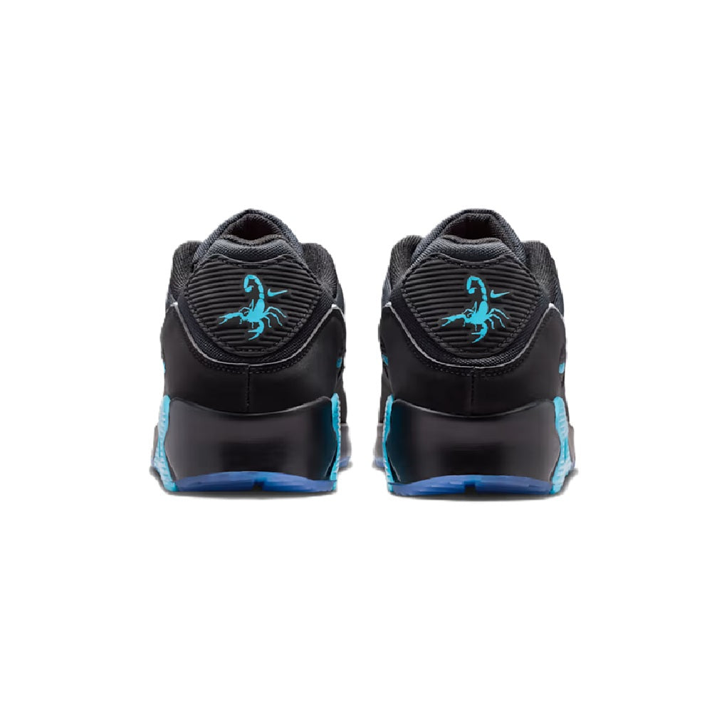 Black Air Max 90 PRM sneaker with blue accent heel tab and embroidered logo