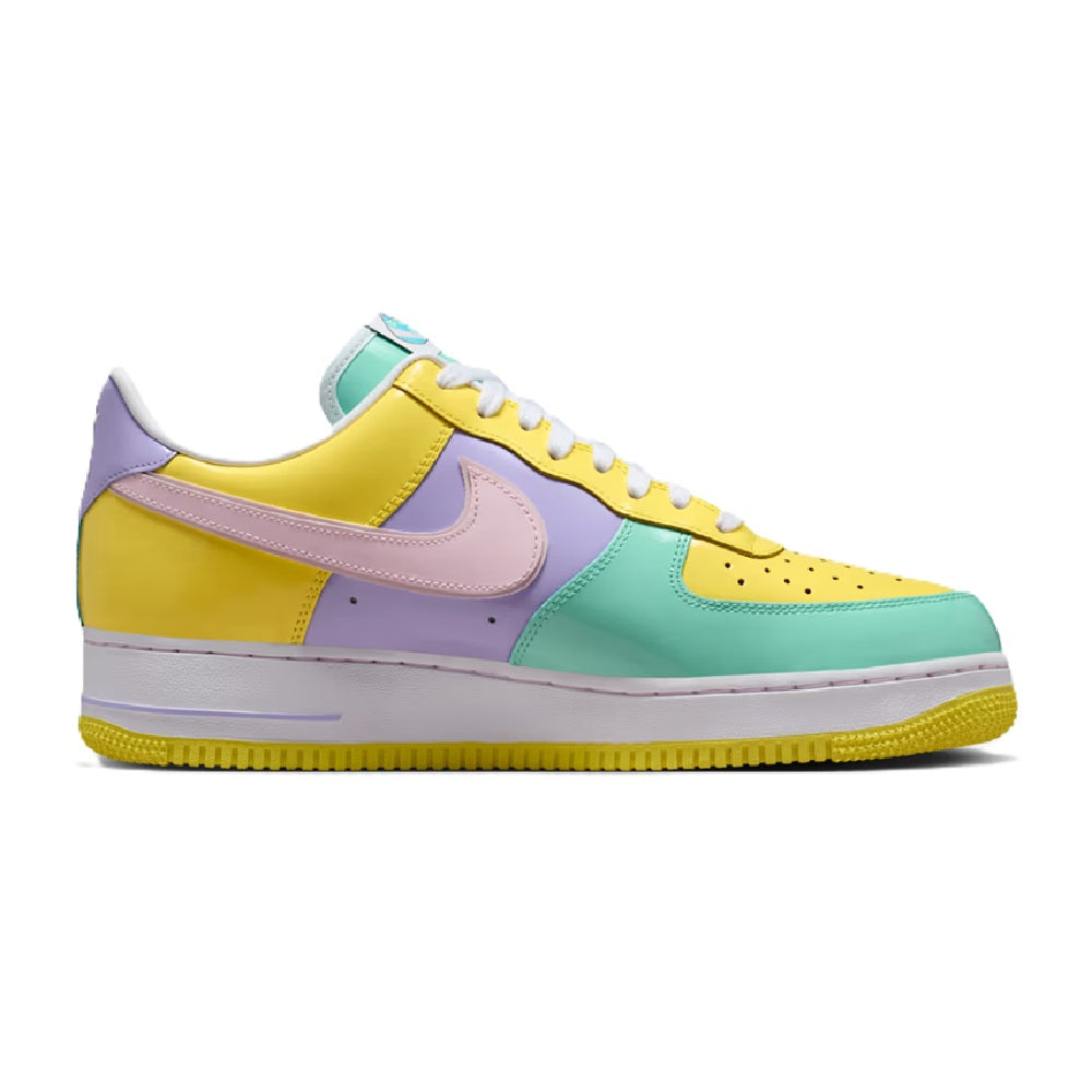Air Force 1 low-top sneakers, side view, yellow toe with mint and lilac overlays