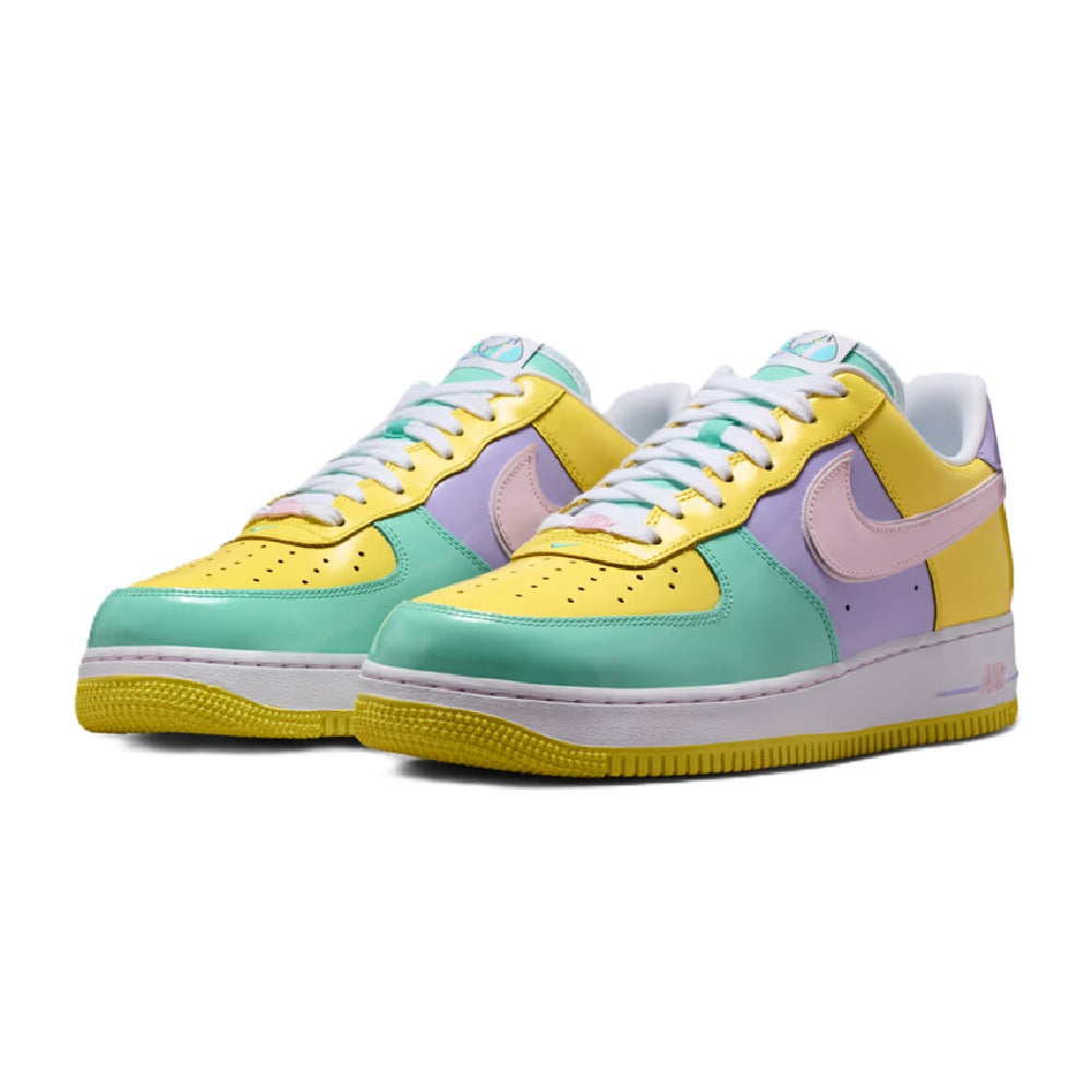 Air Force 1 low-top sneakers, pair view, mint, yellow, lilac, and pink accents