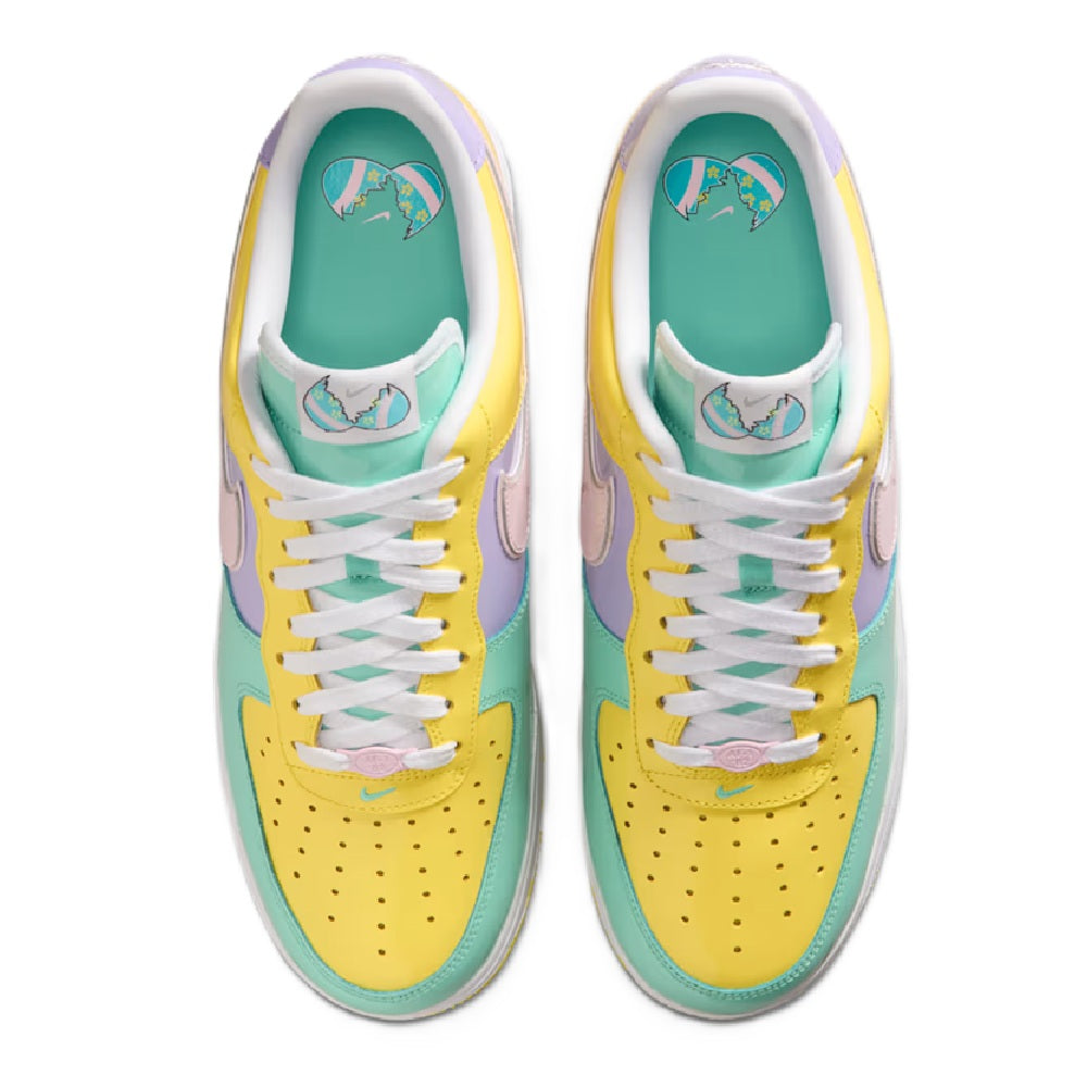 Air Force 1 sneakers, top view, yellow laces with mint lining and lilac overlays