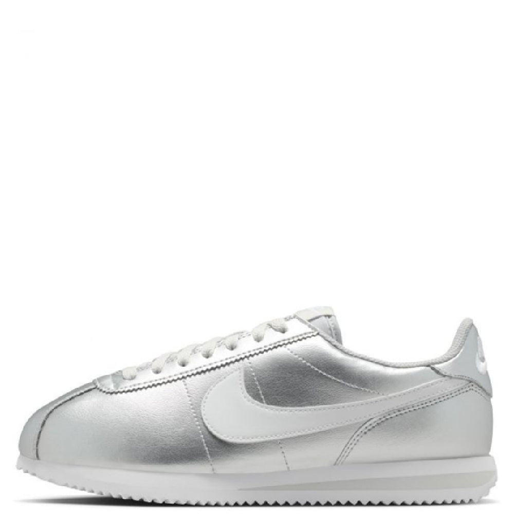 Metallic silver Nike Cortez sneakers with white swoosh and laced upper.