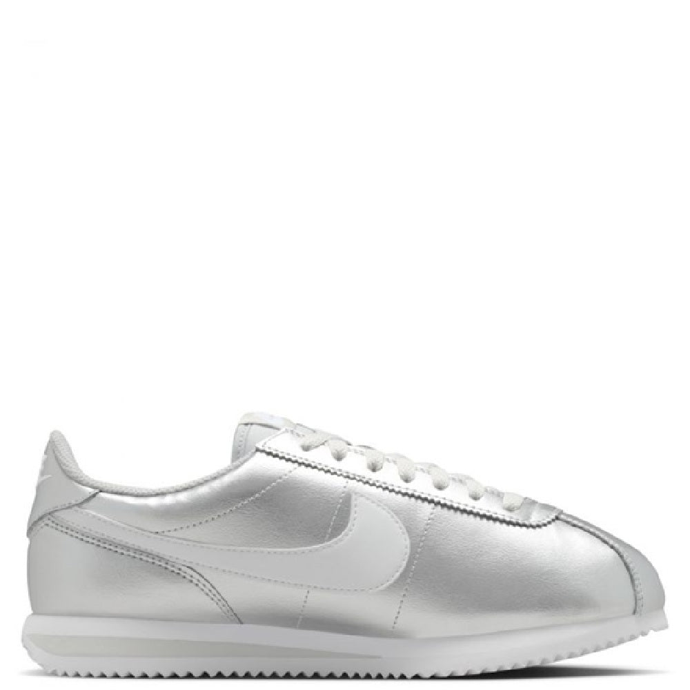 Metallic silver Nike Cortez low-top sneakers with white laces and swoosh.