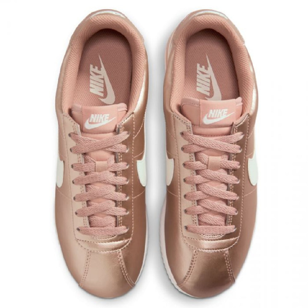 Nike Cortez MTLC sneakers, top view of lace-up uppers with Nike tongue labels