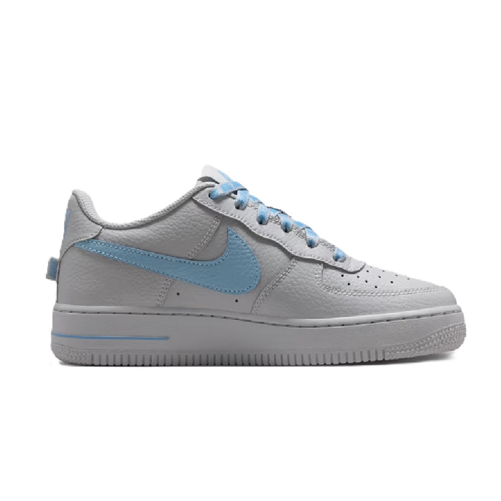 Kids' Nike Air Force 1 Low sneakers, grey leather with light-blue swoosh and laces