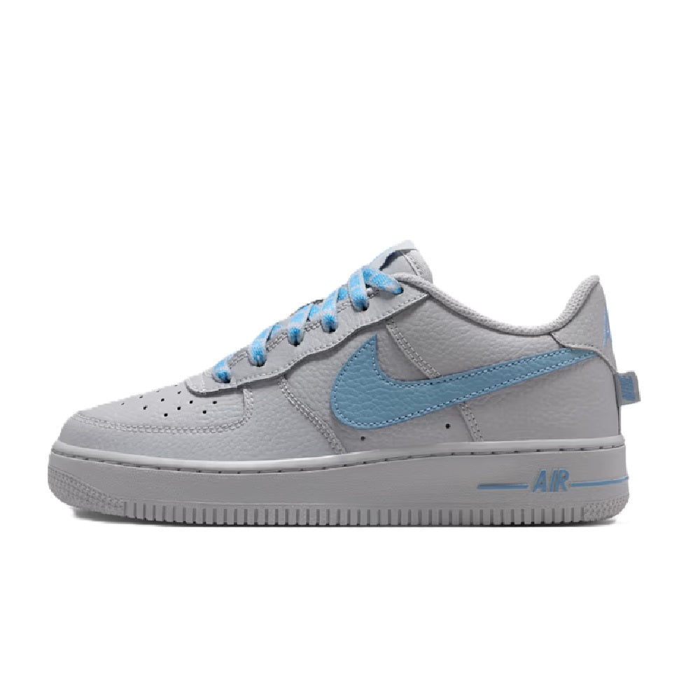 Kids' Nike Air Force 1 Low sneakers, grey leather with light-blue swoosh and blue laces