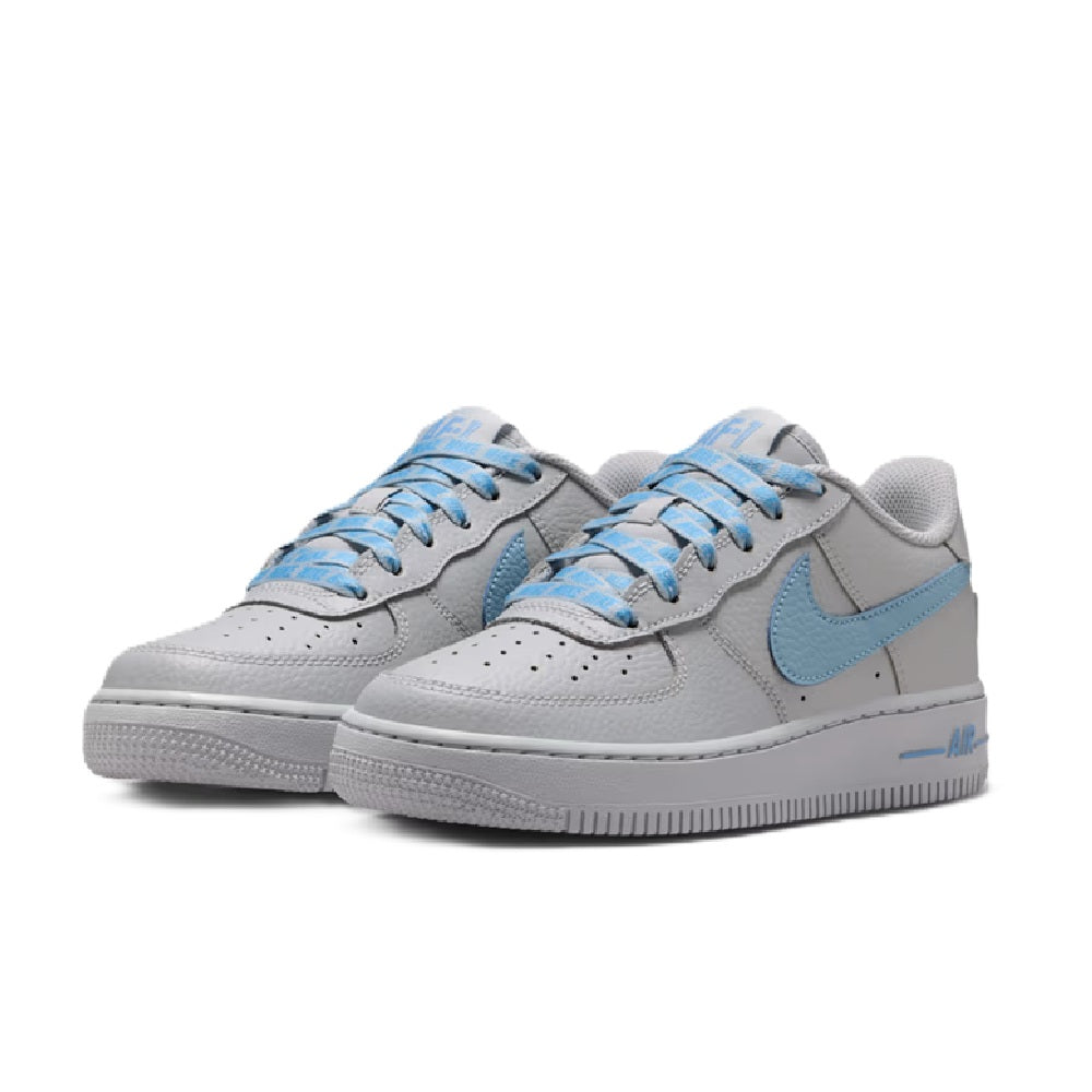 Kids' Nike Air Force 1 Low sneakers, grey uppers with light-blue swooshes and blue laces