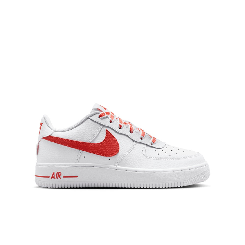 Kids low-top sneakers in white with red Swoosh and lace-up eyelets, Air branding