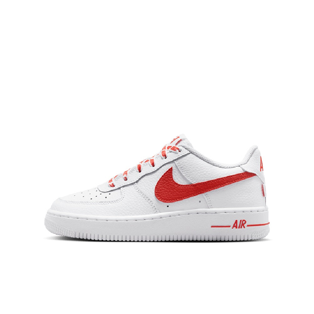 Kids low-top sneakers, white leather with red Swoosh and orange-red lace accents