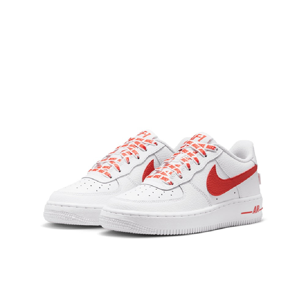 Pair of kids low-top sneakers, white with red Swoosh and Air side stripe