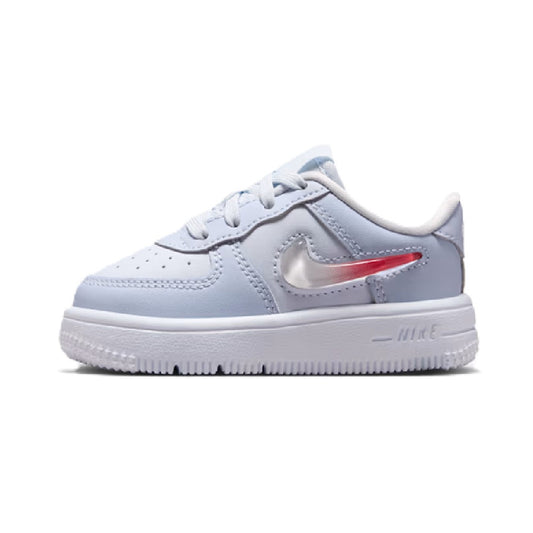 Kids low-top sneakers with light grey leather, red swoosh, lace-up closure, white sole