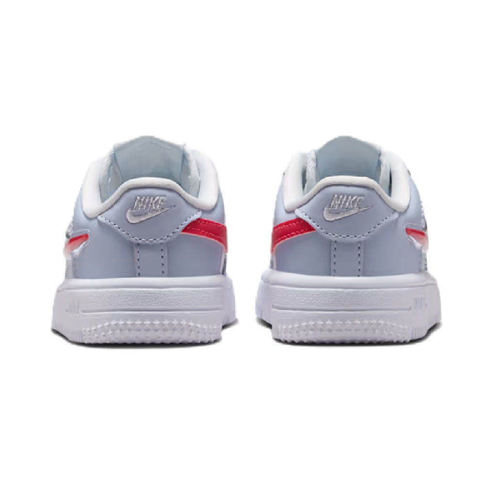 Back view of kids low-top sneakers with red heel detail, grey lining, and white outsole