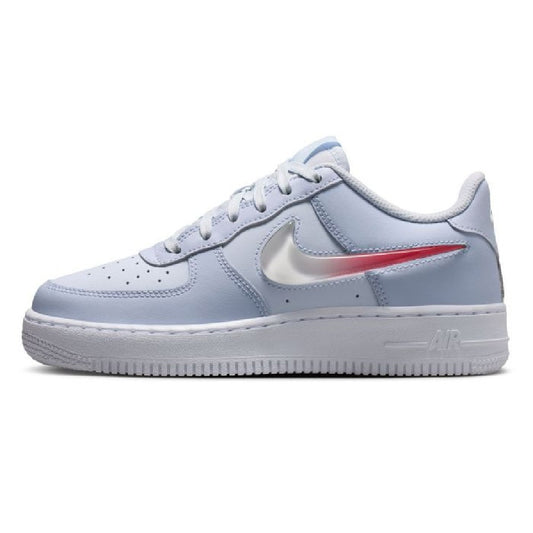 Kids' Nike Air Force 1 low-top sneakers, light grey-blue with red swoosh and lace-up