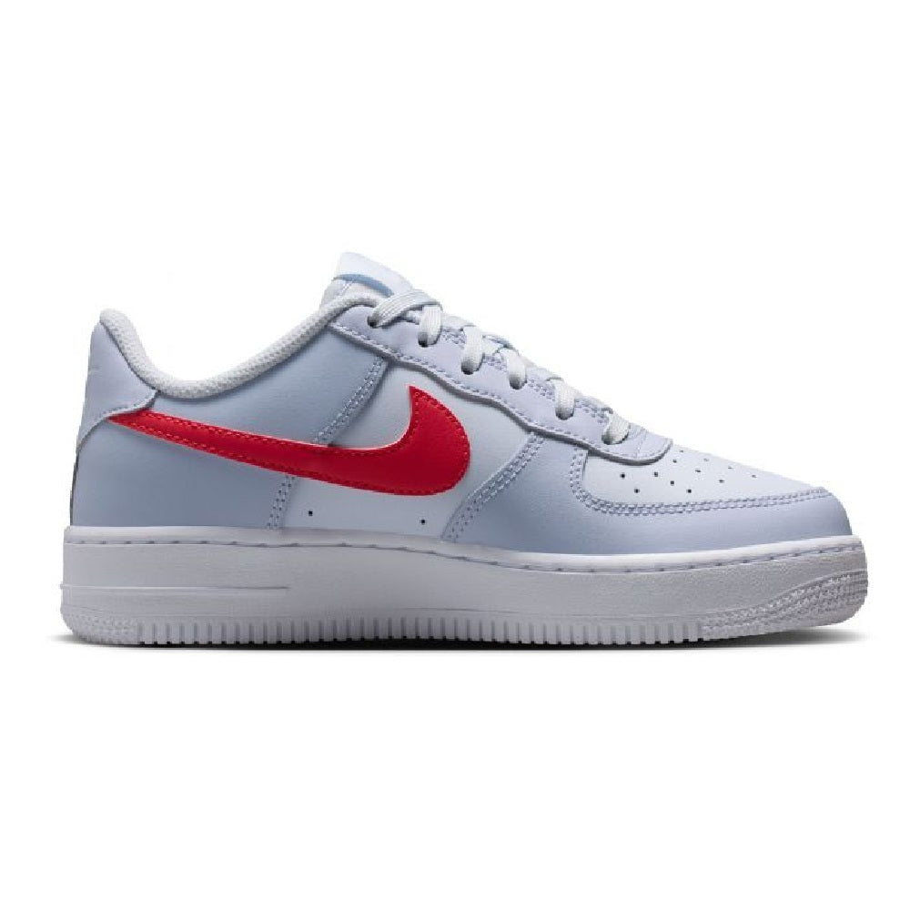 Kids' Nike Air Force 1 sneakers, side view in light grey-blue with red swoosh and laces
