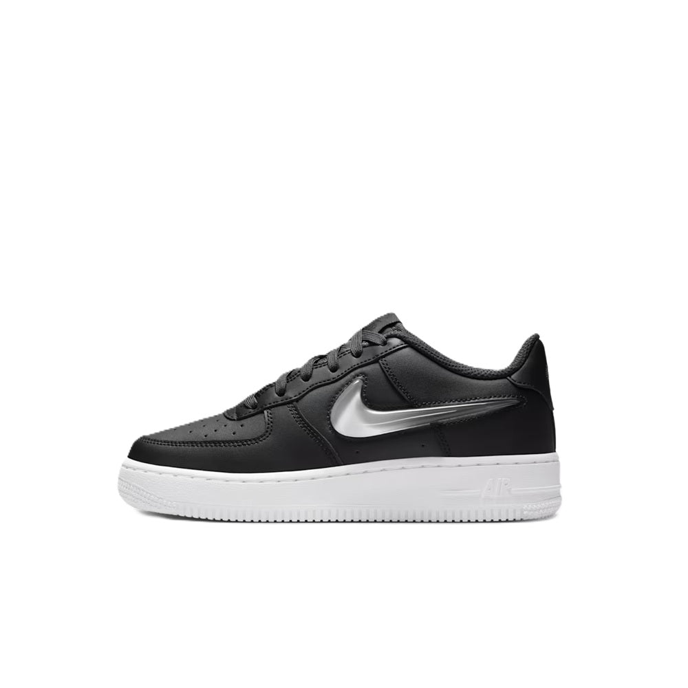 Nike Air Force 1 kids sneaker, black leather, white swoosh, lace-up front view