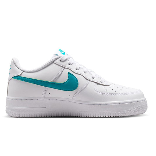 Big Kid's Nike Air Force 1 low-top sneakers, white leather with teal swoosh