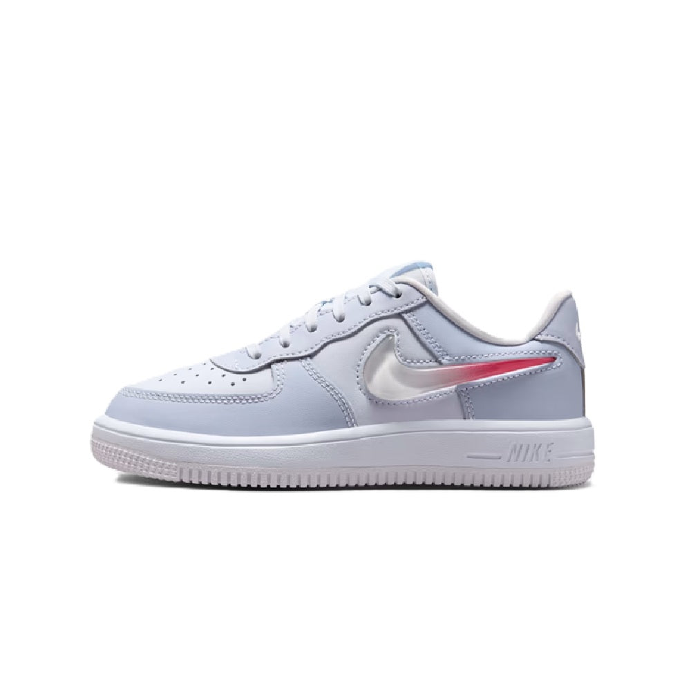Kids' Nike Force 1 Low sneaker side view, light gray leather with red accent swoosh