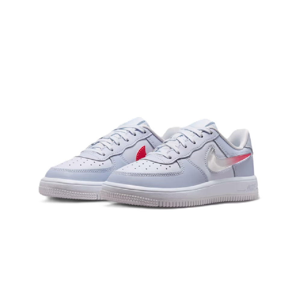 Pair of kids' Nike Force 1 Low sneakers, light gray with red swoosh accents