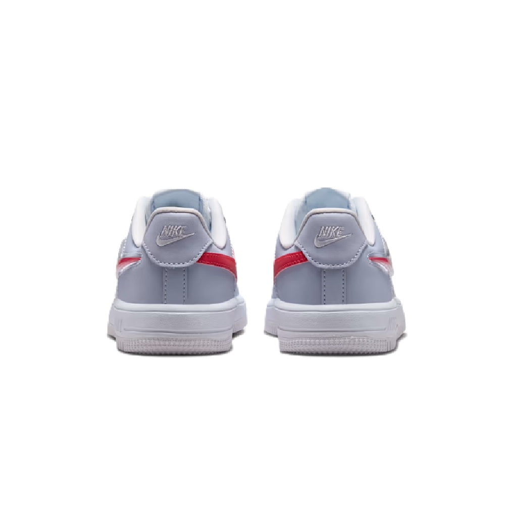 Kids' Nike Force 1 Low sneakers back view, light gray with red heel stripe