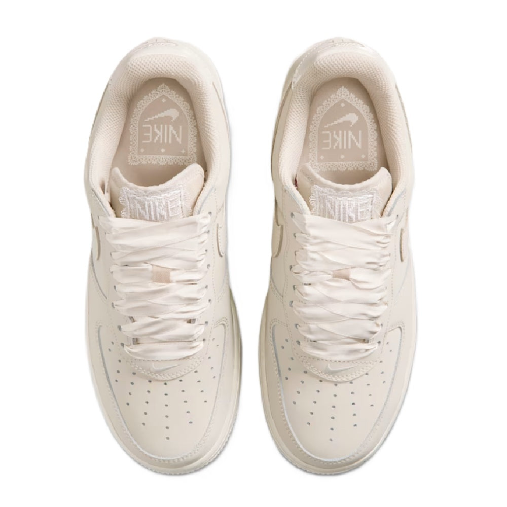 Nike Air Force 1 PRM sneakers, pale ivory laces with cushioned tongue and logo inside