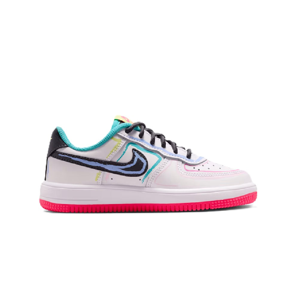 Kids low-top sneaker: white upper, black Swoosh, teal accents, pink rubber outsole