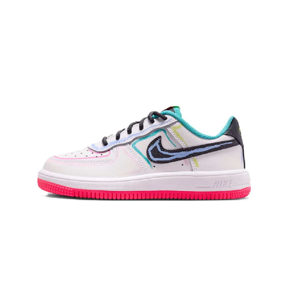 Kids low-top sneaker side view with white upper, black Swoosh, teal collar lining, pink sole