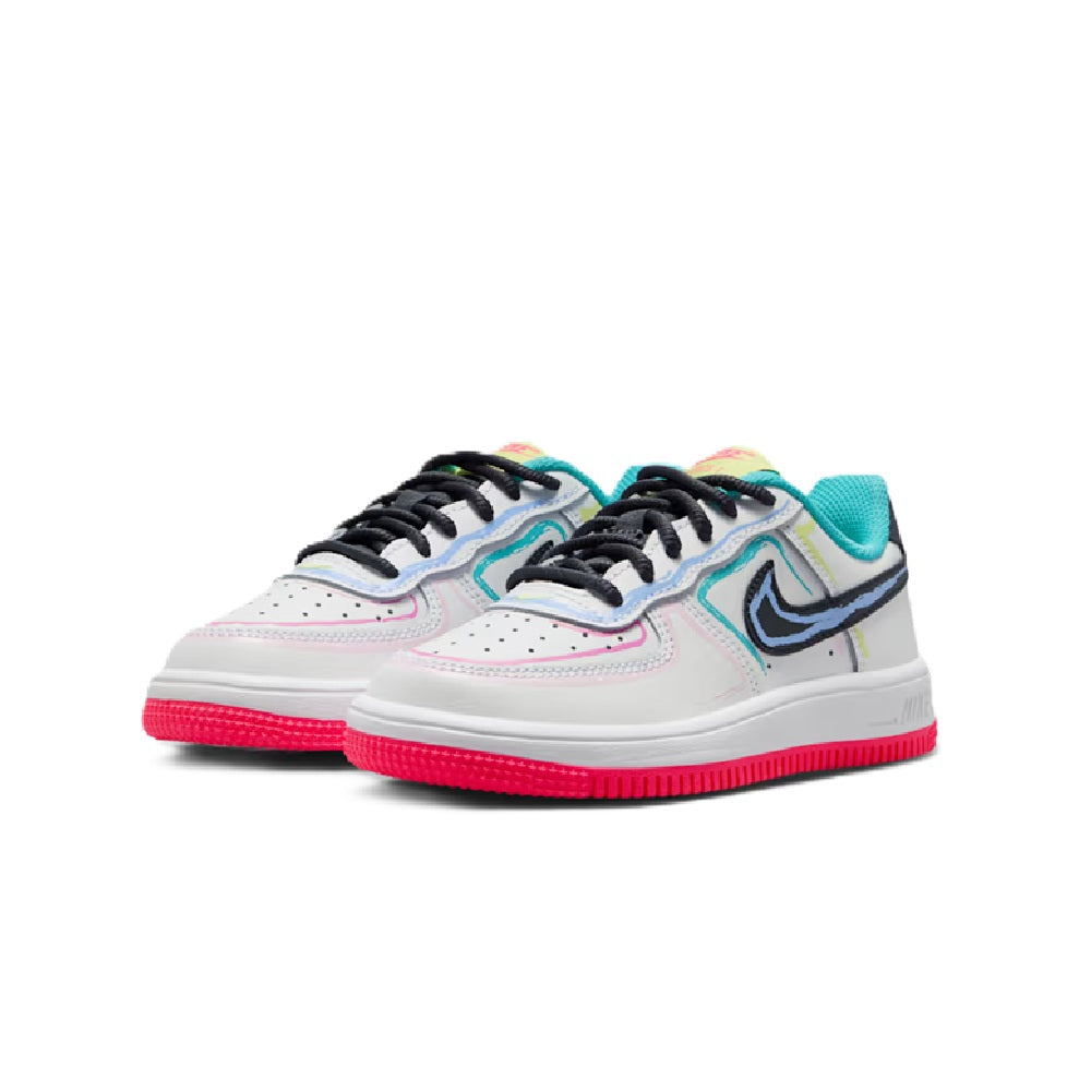 Pair of kids low-top sneakers, white with black Swoosh, teal accents and bright pink soles