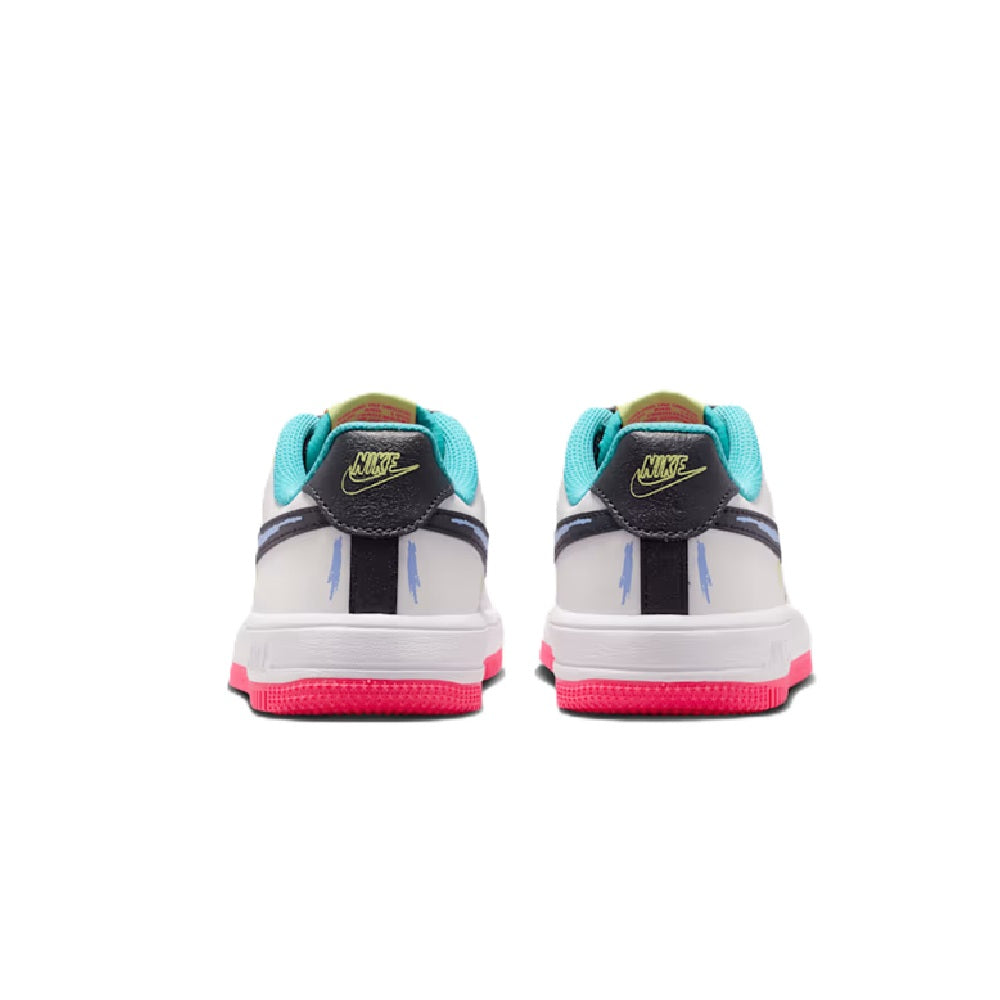 Kids low-top sneaker heel view with teal collar lining and pink rubber outsole