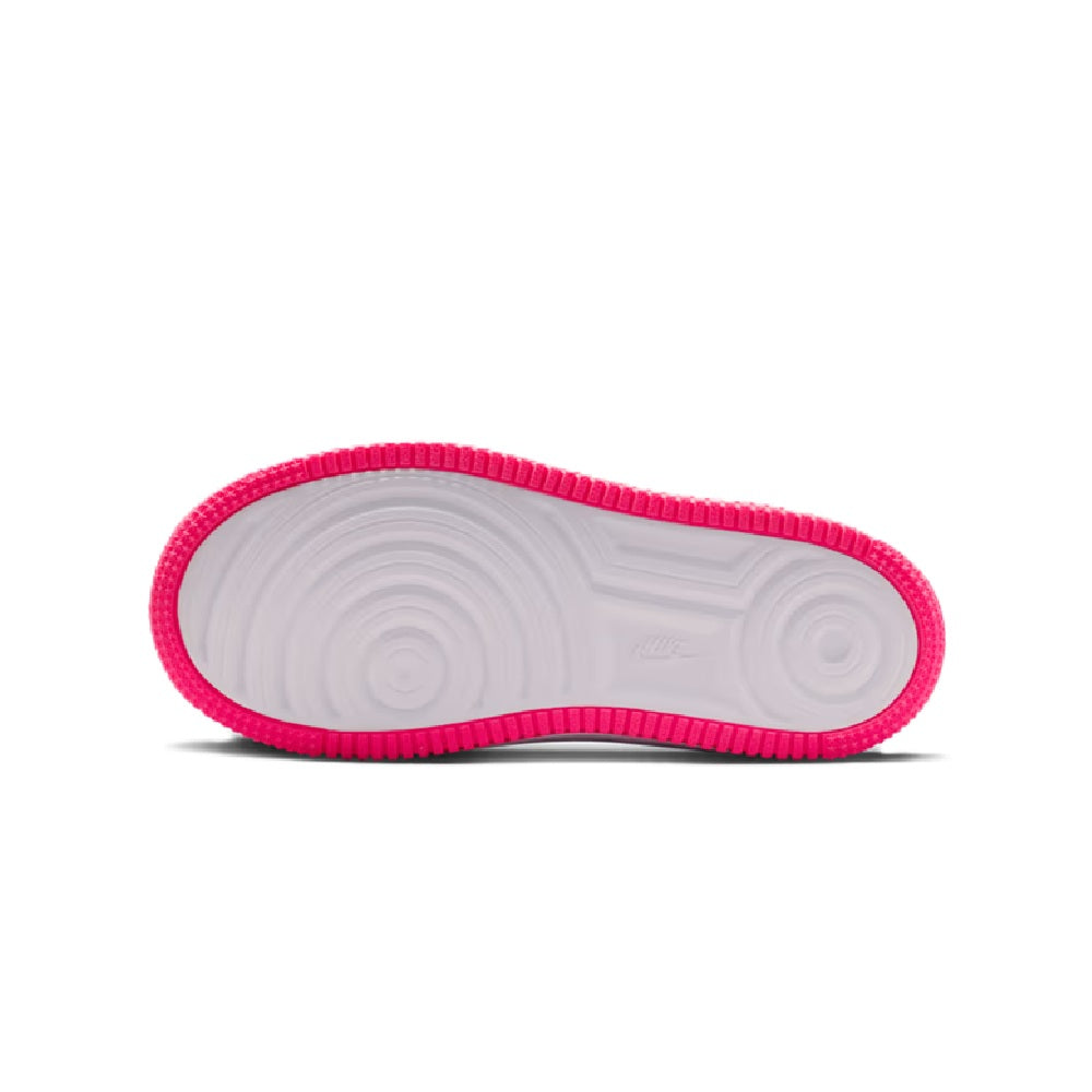 Kids sneaker outsole, gray tread with bright pink rubber edge