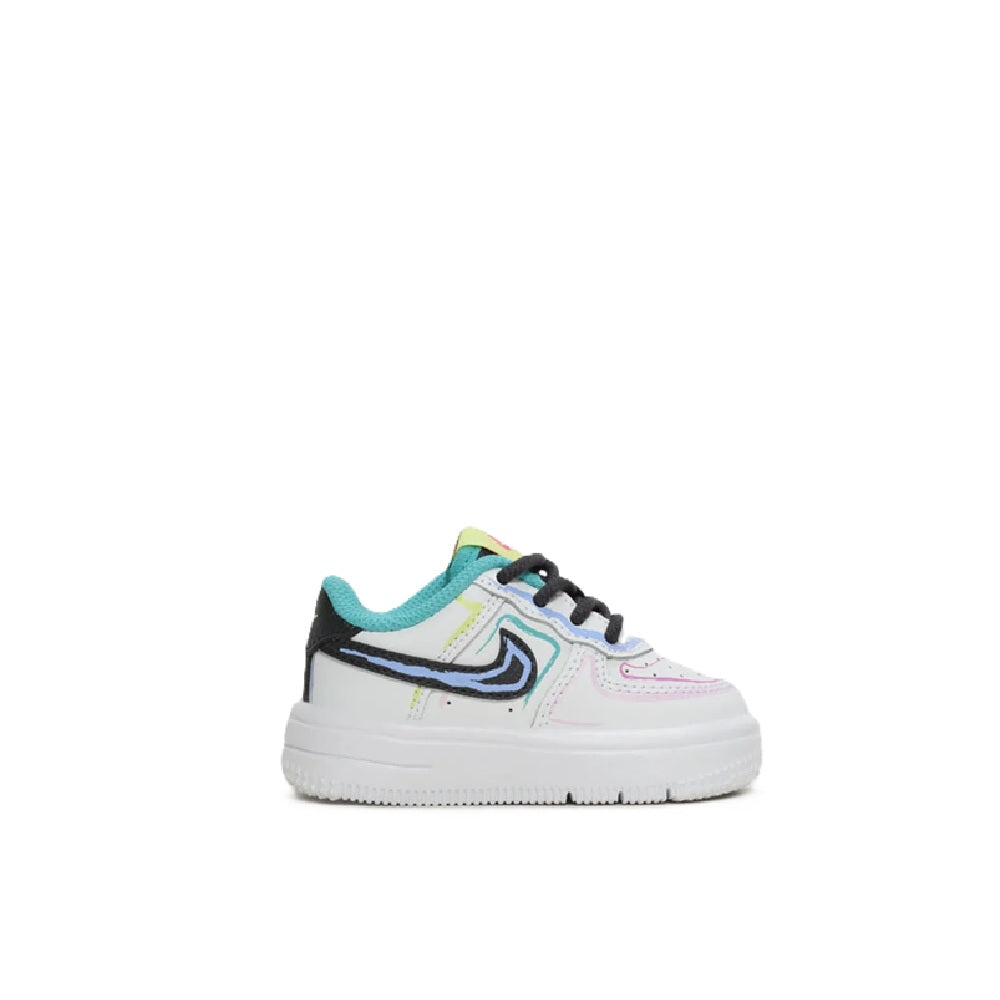 Toddler Nike Force 1 low-top sneakers in white with teal collar and black swoosh