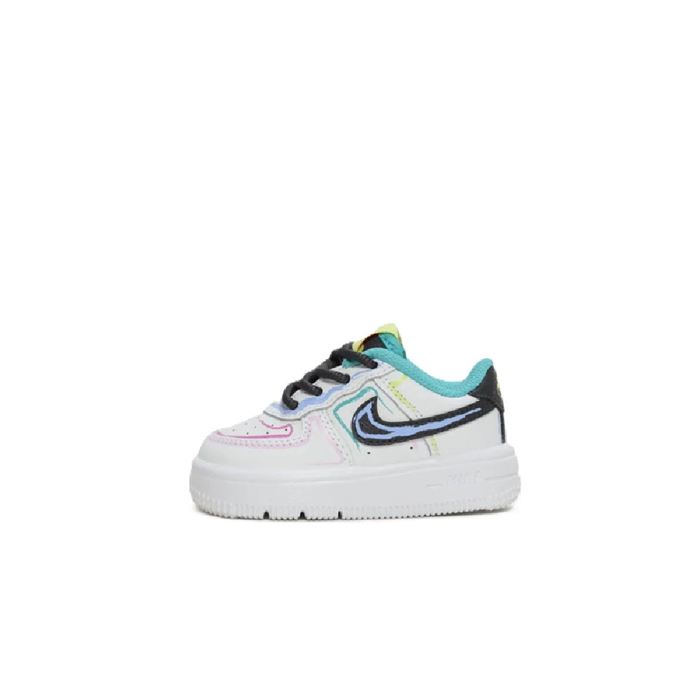 Toddler Nike Force 1 low-top sneakers, white with teal accents and pink trim