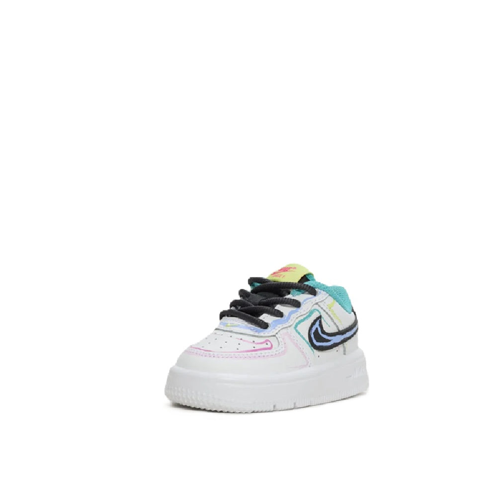 Toddler Nike Force 1 low-top sneakers with white base, teal overlays, and pink accents