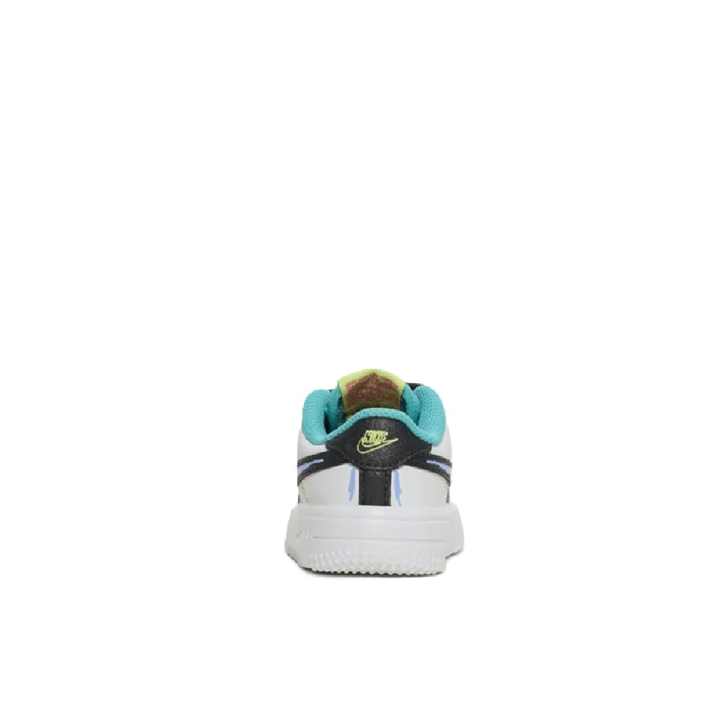 Toddler Nike Force 1 sneakers, white heel with teal collar tab and black lace detail
