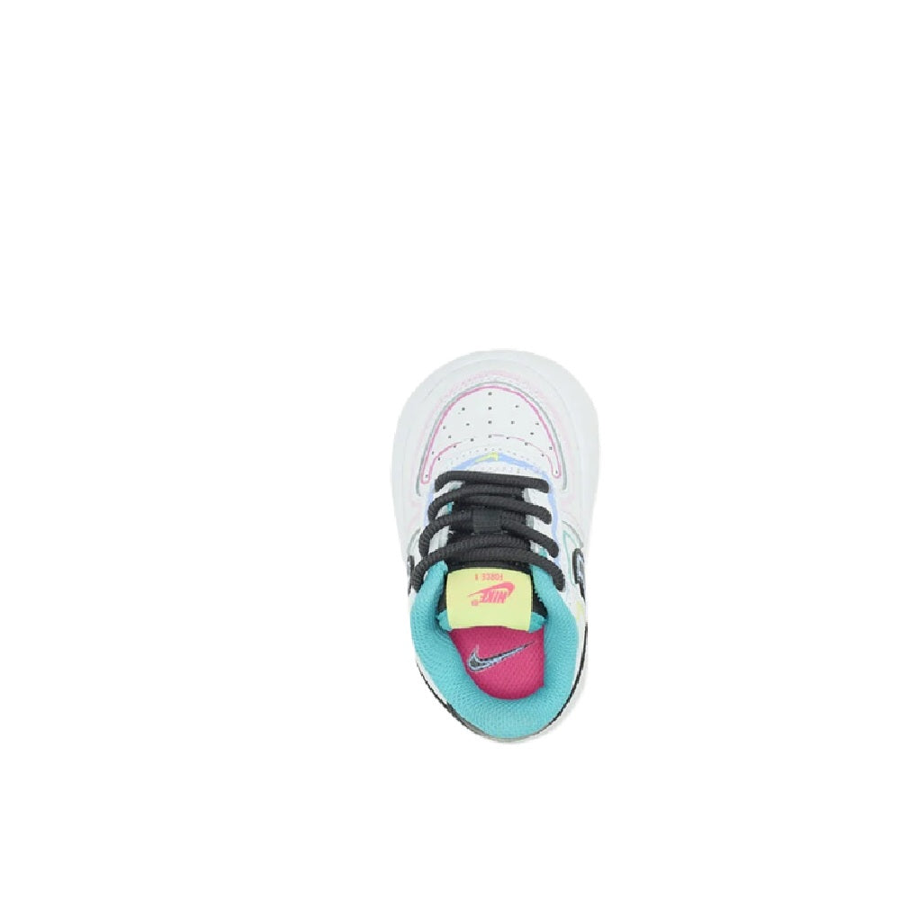 Toddler Nike Force 1 sneakers, white upper with black laces and teal interior lining