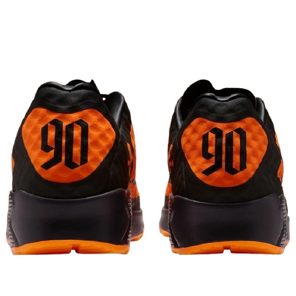 Nike Air Max 90 sneakers, heel backs in black with orange '90' graphics