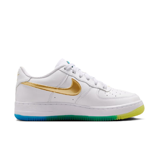 White low-top sneakers with gold Nike swoosh and blue-green outsole