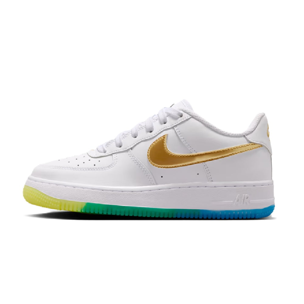 White leather low-top sneakers with gold swoosh, lace-up, and blue-green outsole