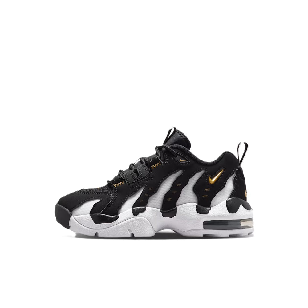 Big kid's Nike Air DT Max '96 Low sneakers, side view with black uppers, white accents, gold