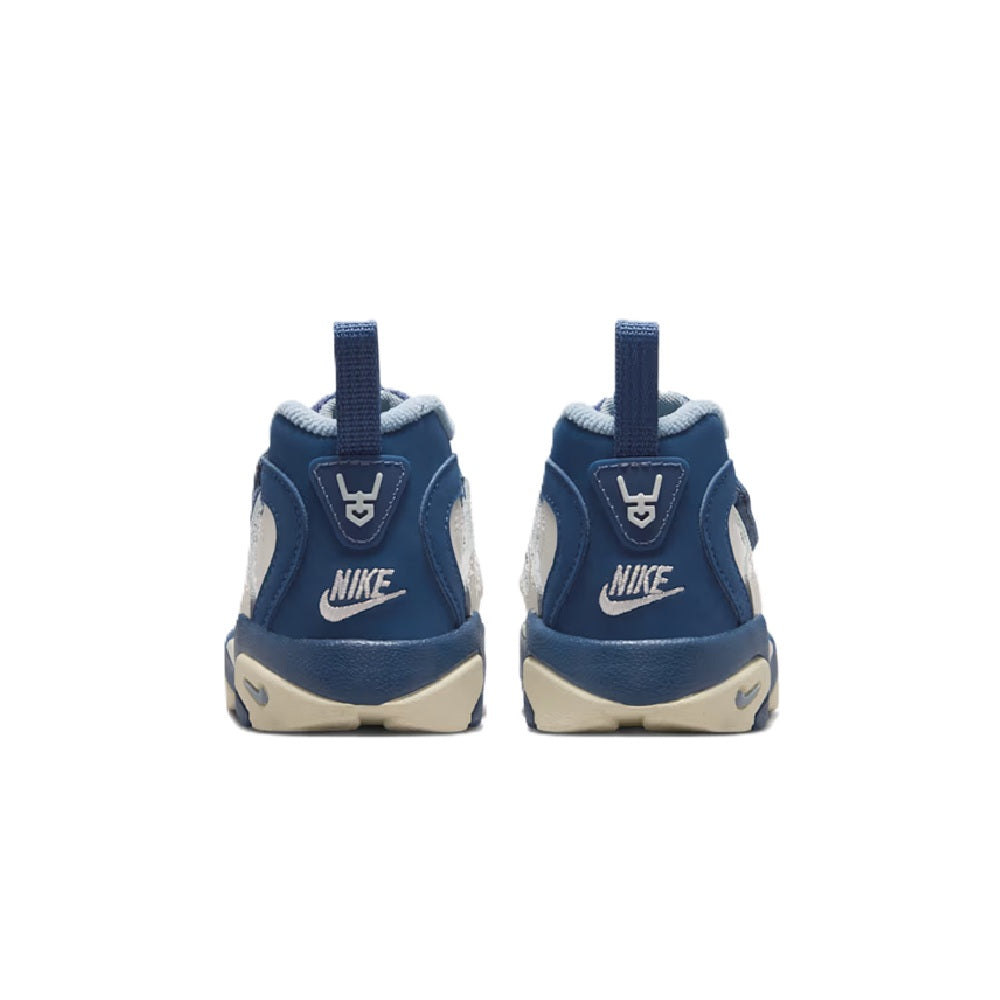 Toddler Nike Air Diamond Turf sneakers heel view, navy back panels with Nike logo