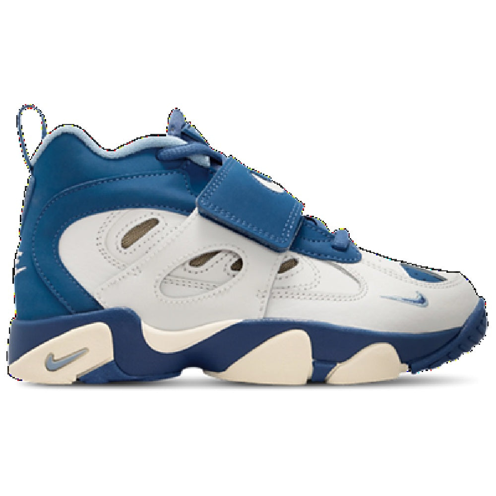 Kids' high-top sneakers, white and blue with hook-and-loop strap, Nike logo.