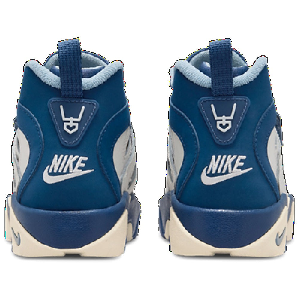 Kids' high-top sneakers, blue heel with Nike swoosh and pull tab, cream midsole.