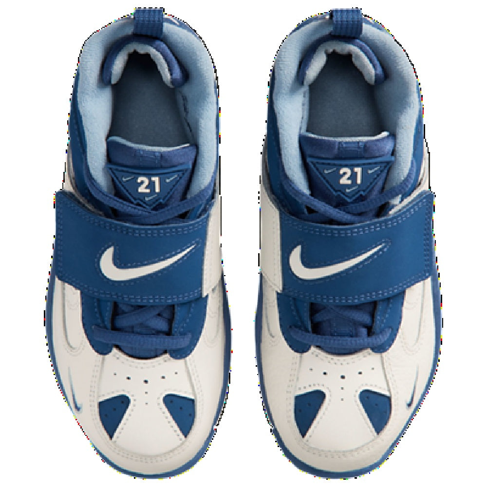 Kids' high-top sneakers, white toe with blue straps and laces, Nike and '21' tag.