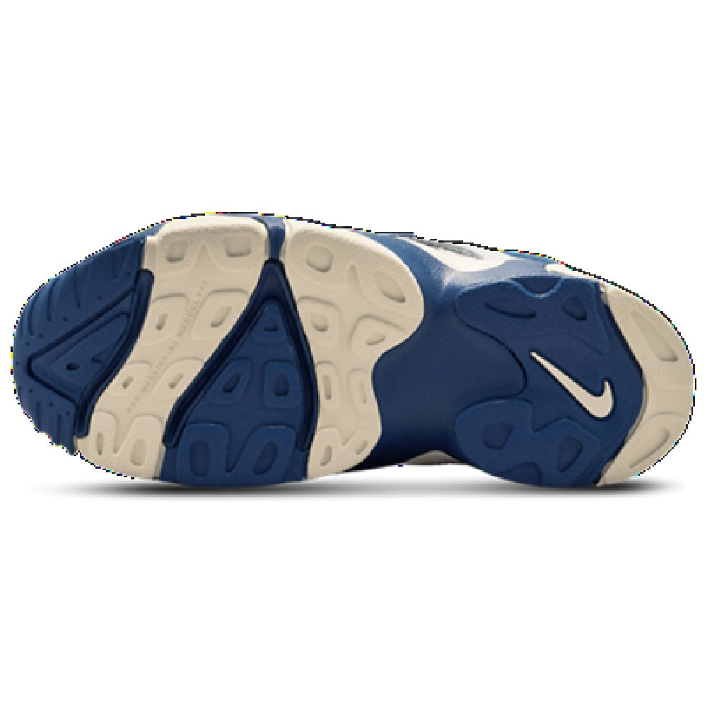 Kids' sneaker outsole, blue-and-cream rubber tread with Nike swoosh.