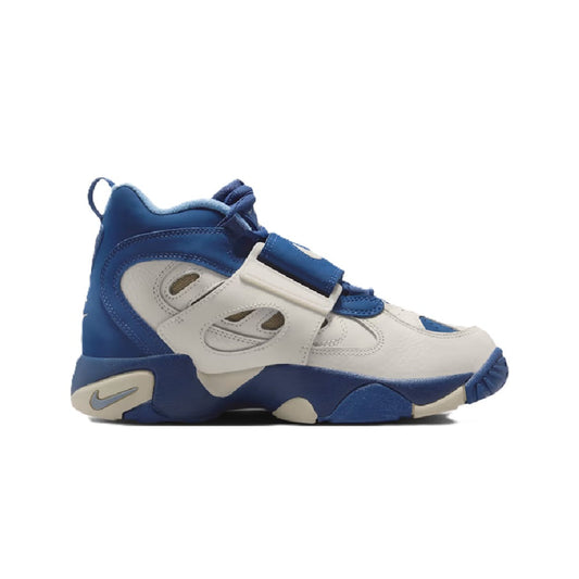 Kids' high-top sneaker in cream and navy with hook-and-loop strap and Air logo