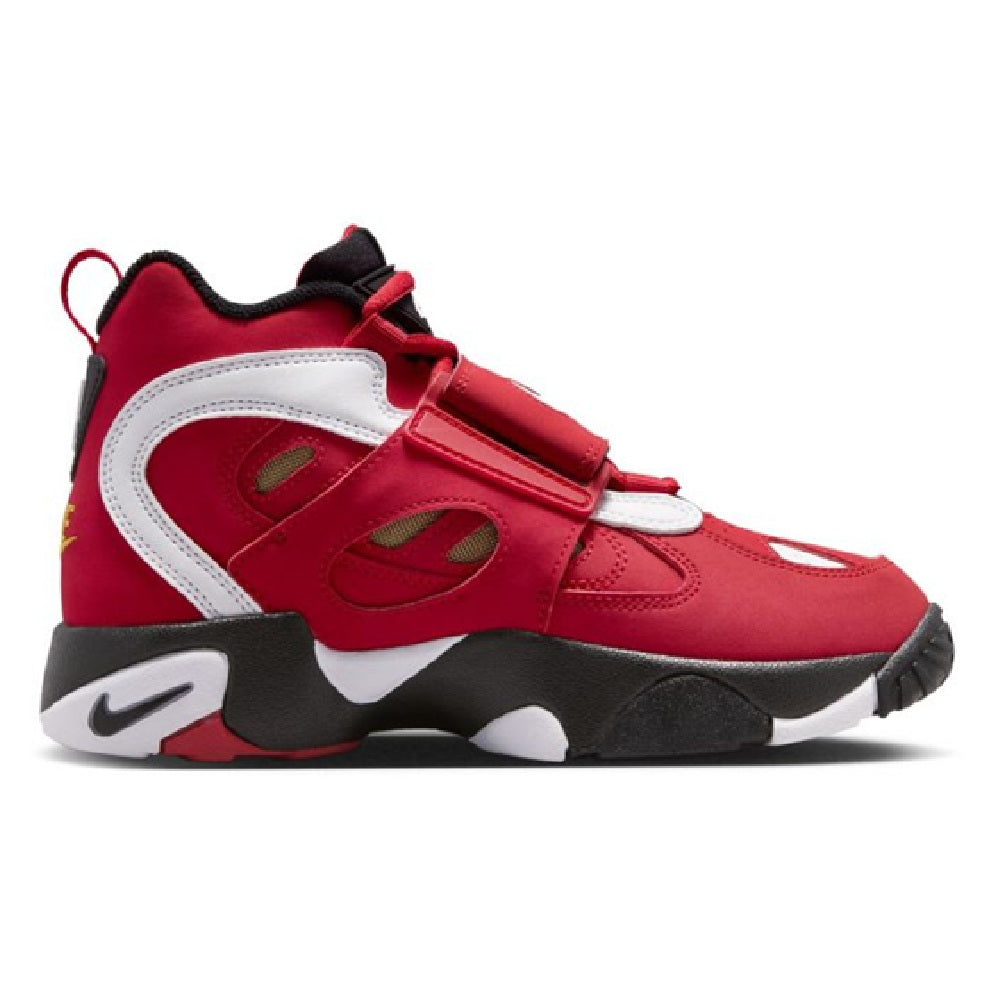 Kids' Nike high-top sneakers, red upper with white panels and black outsole