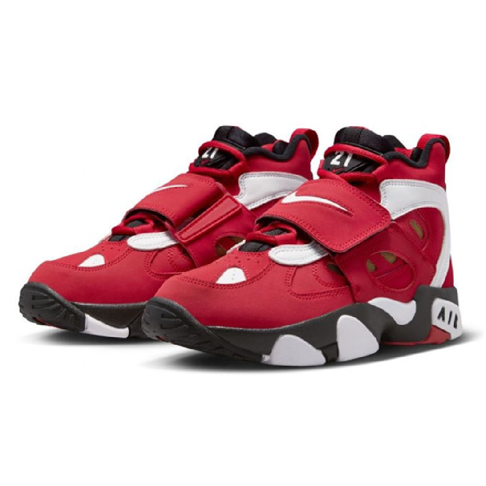 Kids' Nike high-top sneakers with red straps, white accents, and black Air cushioning
