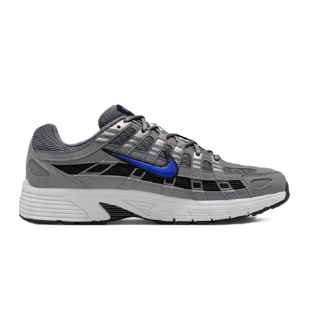 Men's Nike P-6000 running shoe in smoke gray with Racer Blue accents, lace-up.