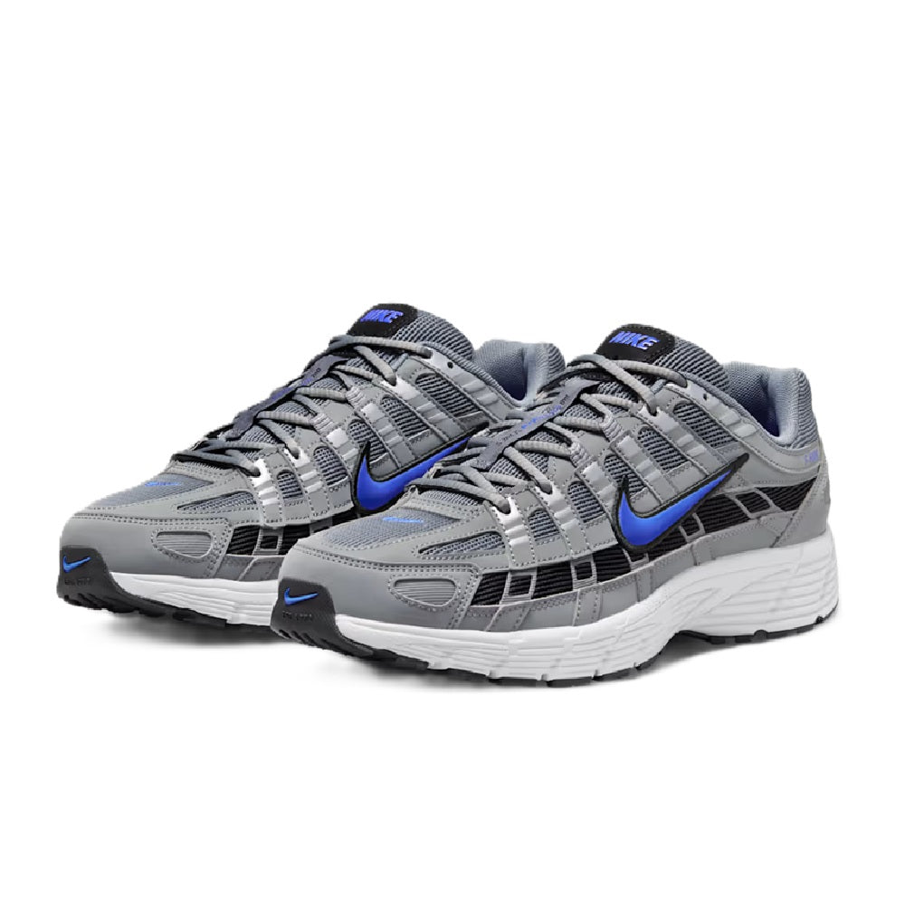 Pair of Men's Nike P-6000 running shoes in smoke gray with Racer Blue accents, lace-up.
