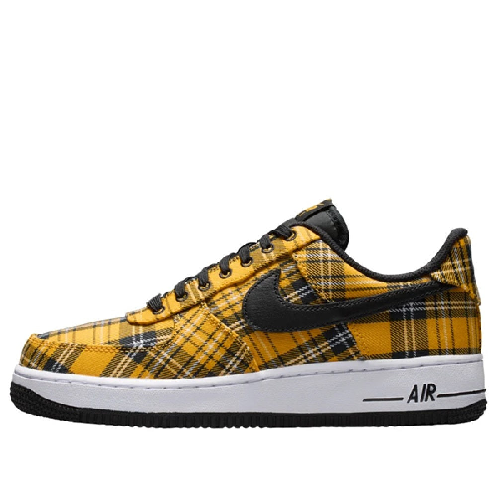 Nike Air Force 1 low-top sneaker with yellow plaid side panel, black swoosh, lace-up