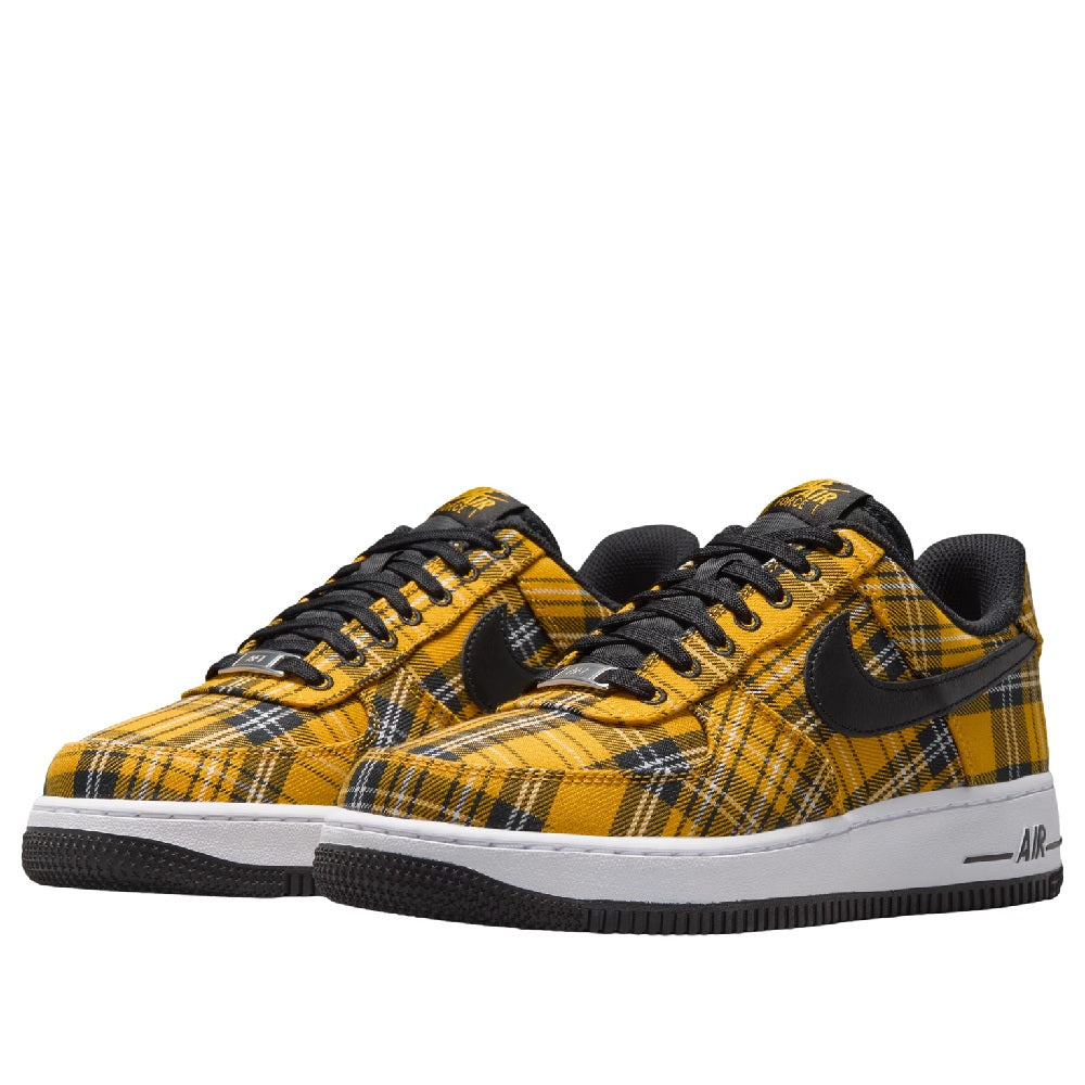 Pair of Nike Air Force 1 low-top sneakers, yellow plaid uppers with black laces and swoosh