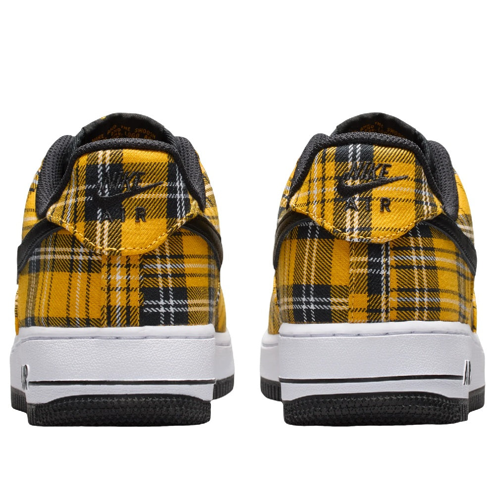 Nike Air Force 1 heel view with yellow plaid fabric, black collar, and white midsole